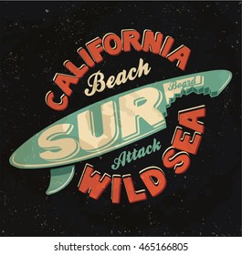 surf. Surf board. California beach. California surf typography, t-shirt graphics