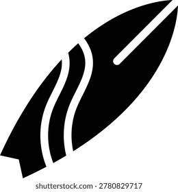 Surf board glyph icon. A sleek, stylized surfboard graphic featuring distinctive wavy lines, embodying the spirit of ocean sports and recreational activities. This iconic representation evokes summer adventures and aquatic fun.   