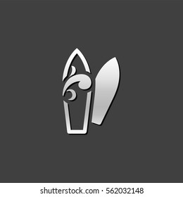 Surf board icon in metallic grey color style.Beach sport lifestyle