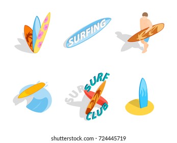 Surf board icon set. Isometric set of surf board vector icons for web isolated on white background