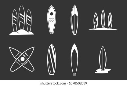 Surf board icon set vector white isolated on grey background 