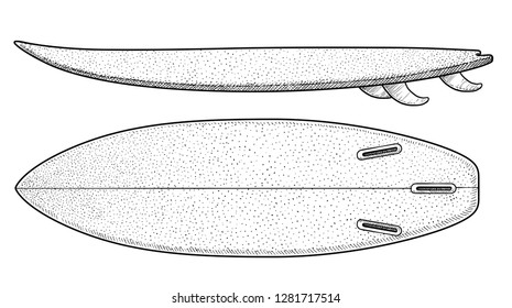 Surf board illustration, drawing, engraving, ink, line art, vector