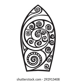Surf board. Illustration in the Polynesian style tattoo.