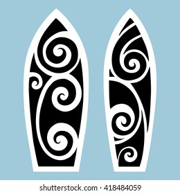 Surf board. Illustration in the Polynesian style tattoo.