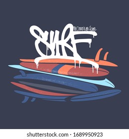 Surf board with lettering type, t-shirt design