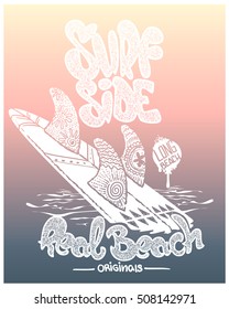 surf board with lettering type, t-shirt design.