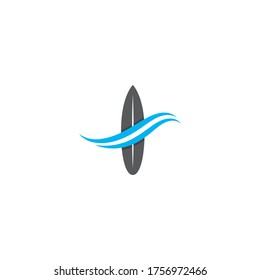 Surf board logo with waterwave vector icon template design 