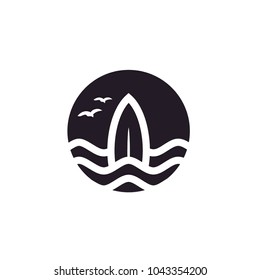 Surf Board with Ocean Sea Wave and Birds for Summer Beach Surfing Holiday Vacation logo design inspiration