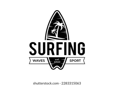 Surf board with ocean wave and sun for summer beach surfing holiday vacation logo
