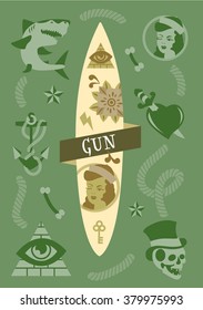 Surf board with old school illustrations