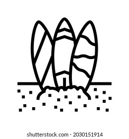 surf board on sand beach line icon vector. surf board on sand beach sign. isolated contour symbol black illustration