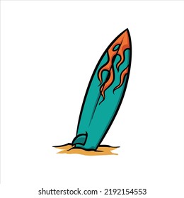 Surf board on a sand cartoon vector illustration