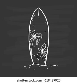 surf board on sand using doodle art on chalkboard background
