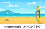 Surf board on a sandy beach. Cartoon summer beach. Paradise nature vacation, ocean or sea seashore. Sea beach landscape. Panorama. Vector illustration in flat style