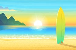 Surf Board En Una Playa De Arena. El Amanecer O La Puesta De Sol, La Arena En La Bahía Y El Maravilloso Sol De La Montaña Brilla. Ilustración Vectorial De Dibujos Animados.