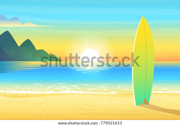 Vector De Stock Libre De Regalias Sobre Surf Board En Una Playa