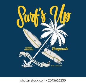 surf board and palm tree drawing for t shirt printing