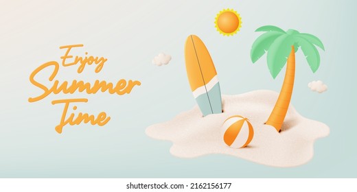 Surf board and palm tree on the beach with sun and cloud background for summer in 3d realistic art style vector illustration