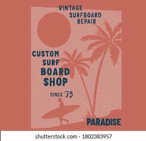 surf board and palm tree silhouette tshirt print