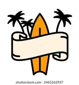 Surf board and palm tree. Summer frame for your text. Sign, emblem, banner, badge for your design. Summer background
