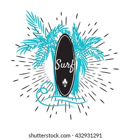 Surf board and palm trees emblem t shirt print vector graphics. Surfboard silhouette with sunburst rays and waves for tee shirt. Black and blue Hawaii surfing apparel art.