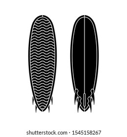 Surf board set. Black and white silhouette of surfboard. Surfboard icon template. Vector illustration isolated on white background
