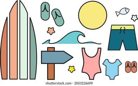 Surf Board, Summer Surfing Items Bundle, Swimsuits Family Surf, Surf Design Vector, Flipflops and Beach Sign, Holiday Attributes, Summer Holidays Vector Set