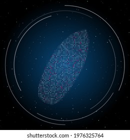 The surf board symbol filled with white dots. Pointillism style. Some dots is pink. Vector illustration on blue background with stars