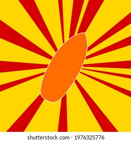 Surf board symbol on a background of red flash explosion radial lines. The large orange symbol is located in the center of the sun, symbolizing the sunrise. Vector illustration on yellow background