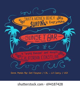 Surf board with typography illustration, t-shirt graphics, vectors