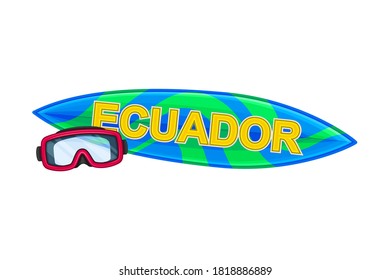 Surf Board with Watersport Goggles as Ecuador Attribute Vector Illustration