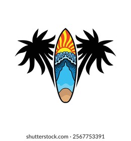 Surf Board wave design.surfing beach logo vintage vector illustration template icon design.