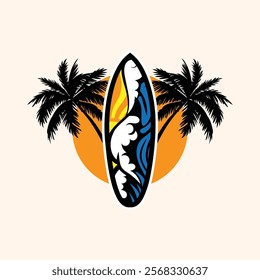 Surf Board wave design.surfing beach logo vintage vector illustration template icon design.