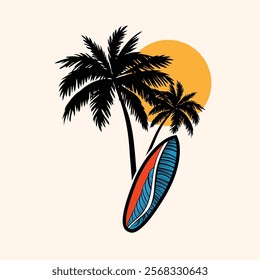 Surf Board wave design.surfing beach logo vintage vector illustration template icon design.