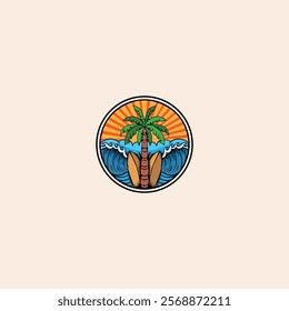 Surf Board wave design.surfing beach logo vintage vector illustration template icon design.