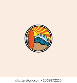 Surf Board wave design.surfing beach logo vintage vector illustration template icon design.