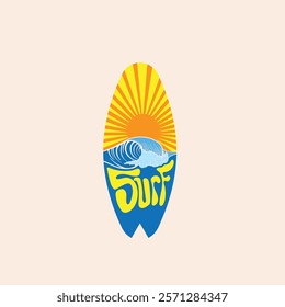 Surf Board wave design.surfing beach logo vintage vector illustration template icon design.