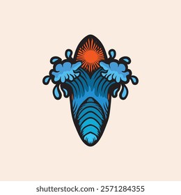 Surf Board wave design.surfing beach logo vintage vector illustration template icon design.