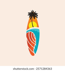 Surf Board wave design.surfing beach logo vintage vector illustration template icon design.