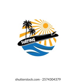 Surf Board wave design.surfing beach logo vintage vector illustration template icon design.