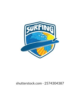 Surf Board wave design.surfing beach logo vintage vector illustration template icon design.