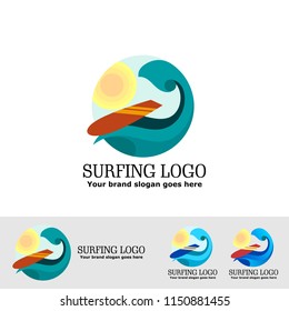 surf board with wave and sun
