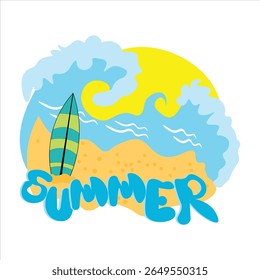 surf board wave and sun at the summer