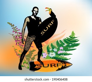 Surf boarder with toucan and flowers