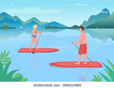 Surf boarding flat color vector illustration. Active lifestyle. Paddleboarding training. Water sport. Standup paddleboarding. Athlete 2D cartoon characters with landscape on background