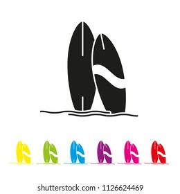 Surf boards at the beach vector icon. Summer holidays and water sports symbol. 
