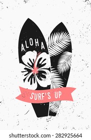 Surf boards in black and white and a red banner with text "Surf's Up".