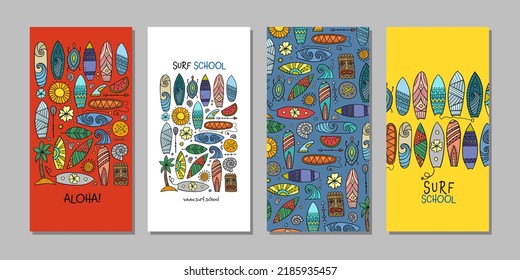 Surf boards collection, surfing time. Concept Art, frame and pattern background. Set of banners in one style hand drawn for your design. Vector illustration