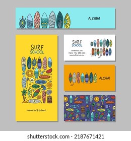 Surf boards collection, surfing time. Concept Art, frame and pattern background. Set of banners in one style hand drawn for your design. Vector illustration