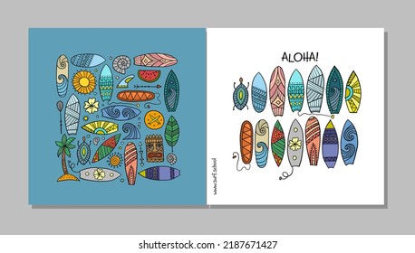 Surf boards collection, surfing time. Concept Art, frame and pattern background. Set of banners in one style hand drawn for your design. Vector illustration